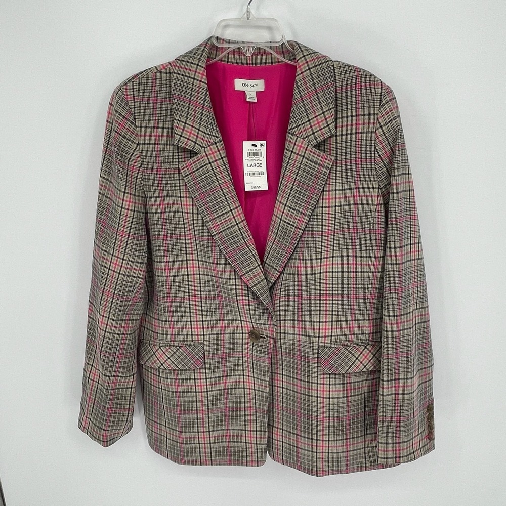 On 34th NWT Women's Fuchsia Tan Plaid Single Button Career Blazer Jacket Size‎ L